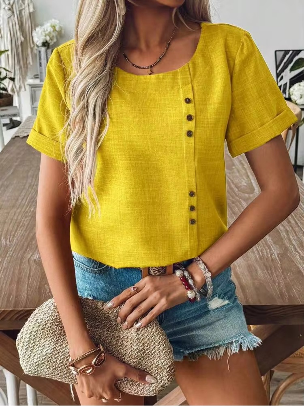 Short Sleeve Linen-Blend Blouse with Asymmetric Button Trim